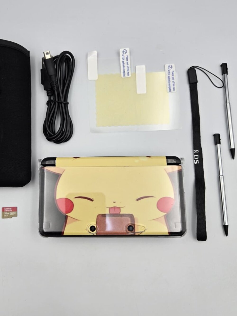 Nintendo 3DS Black Japanese Pikachu Custom 32GB Case Charger Stylus Tested